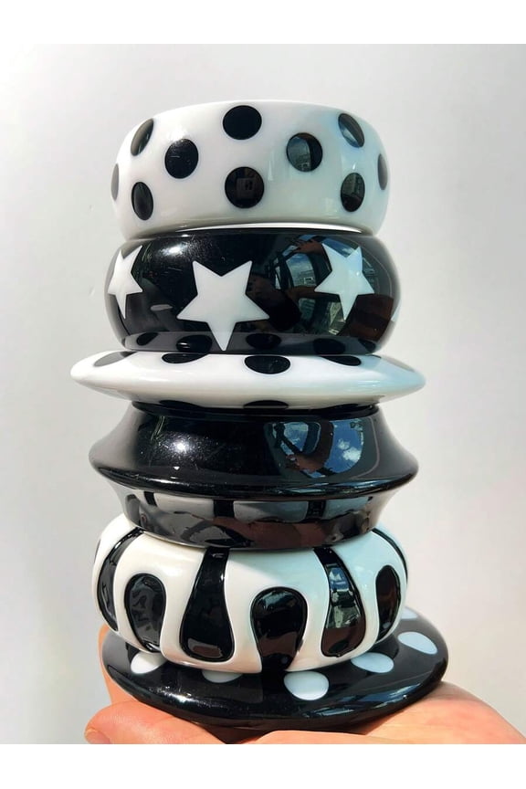 1pc Multicolor A Black & White Resin Bangle Set, Bold Polka Dot And Star Pattern, Fashionable Statement Jewelry