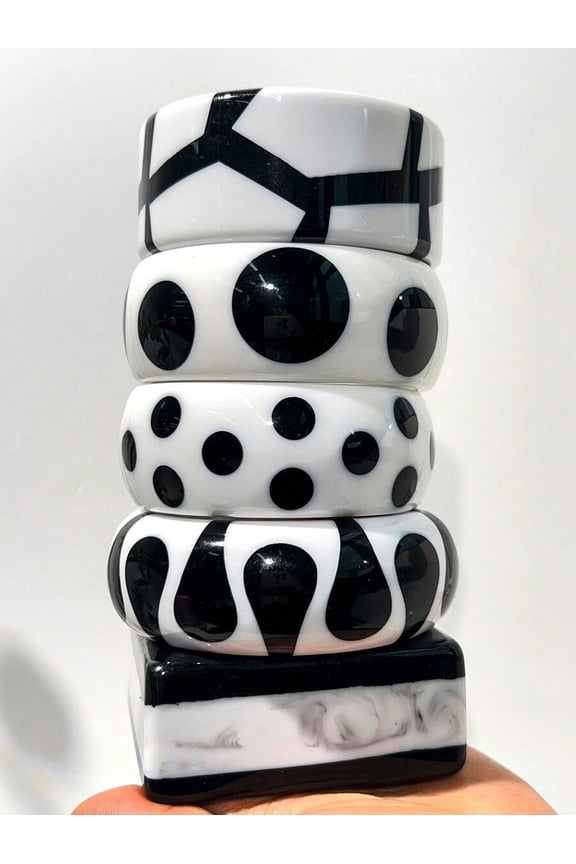 1pc Multicolor B Black & White Resin Bangle Set, Abstract Geometric And Polka Dot Patterns, Fashion Statement Jewelry