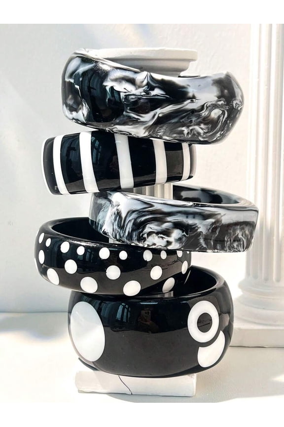 1pc Multicolor C Black & White Resin Bangle Set, Swirl, Stripe, Polka Dot & Target Patterns, Glossy Finish Fashion Jewelry