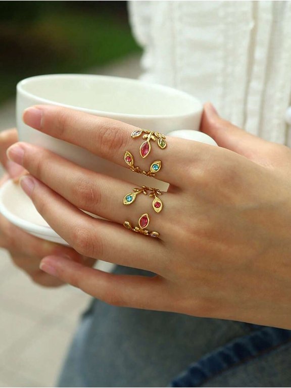 1pc Multicolor Goldtone Leaf-Wrapped Open Ring With Gemstone Accents, Elegant Daily Wear Accessory