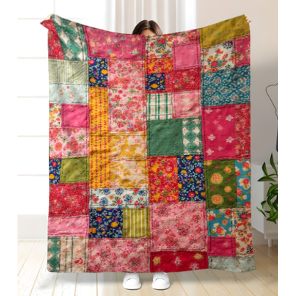 1pc Multicolor Patchwork Flannel Bedspread, Soft Cozy Retro Floral & Geometric Mosaic Design in Pink Green Blue Yellow Red White, All-Season Mid-Century Modern Comforter for Bed Sofa Camping