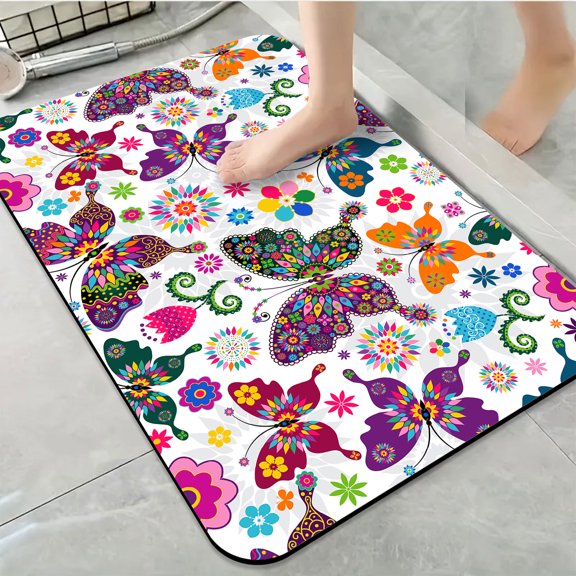 1pc Multicolored Butterfly Motif Bathroom Rug Bathroom Decor and Qccessories- Durable,Anti Slip,And Quick Drying,Suitable For Indoor/outdoor Use - Perfect For Bathrooms,Bedrooms,Kitchens
