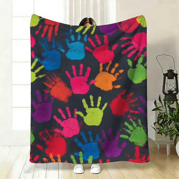 1pc a Multicolored Flannel Blanket Featuring Handprints, Incredibly Soft And Warm, Machine Washable for Year-Round Use, Ideal for Comfort And Versatility on a Sofa.