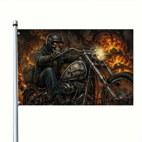 1pc Multiple Sizes, Burning Skull Motorcycle Flag Banner, Dark Gothic Wall Decor Hanging for Garage Shop for Man Cave, Hellfire Road Warrior Artwork, Outdoor Yard Patio Porch Display, Biker Gift