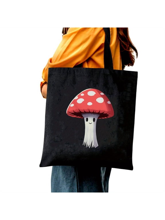 1pc Mushrooms Pattern Canvas Tote Bag, Stylish And Reusable Shoulder Bag, Large Capacity Handbag For Shopping & Daily Use