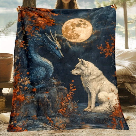 1pc Mysterious Fantasy Wolf & Dragon Flannel Blanket - Dreamlike HD Print, Soft Polyester, All-Season Comfort for Beach, Camping, Living Room, Sofa, Office - Ideal for Valentine's, Easter, Christmas,