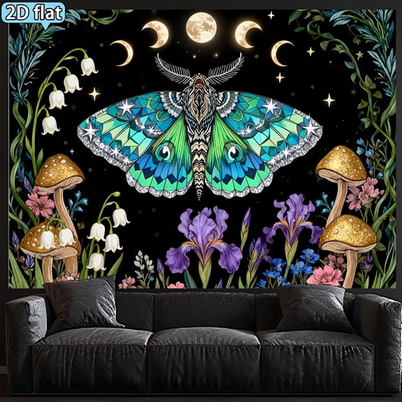 1pc Mysterious Magic Moth And Phase Theme Banner Backdrop Blue Green Golden Fantasy Party Decoration Banner Tapestry