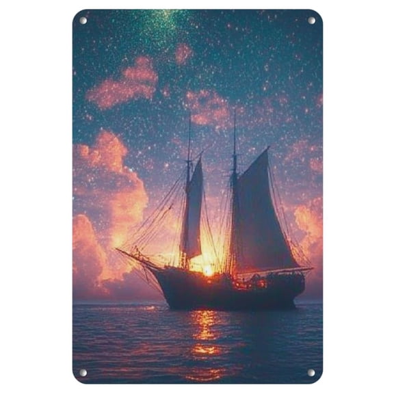 1pc Mystical Ocean Ship Iron Wall Decor, Celestial Sky and Glowing Sails, Non-Woven, Versatile for Christmas, Halloween, Beach Party, Bachelor Party, Anniversary
