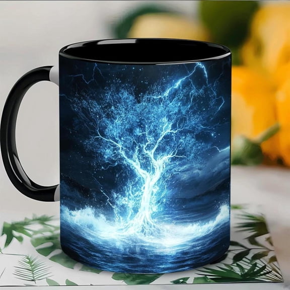 1pc Mystical Tree Ceramic Mug with Blue Lightning Glowing Tree Design 11oz Insulating Coffee Tea Cup Magical Fantasy dults Hand Wash Only Magical Night Sky Theme Electric Blue Lightning Bolt Cup Mugs