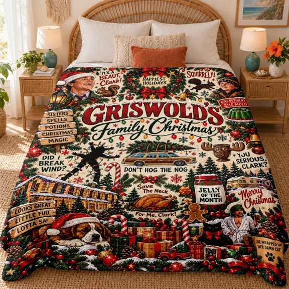 1pc National Lampoon’s Christmas Vacation Flannel Blanket, Clark Griswold Family Christmas Retro Holiday Movie Throw with Family Truckster, Moose Mug, Squirrel & Cousin Eddie Print