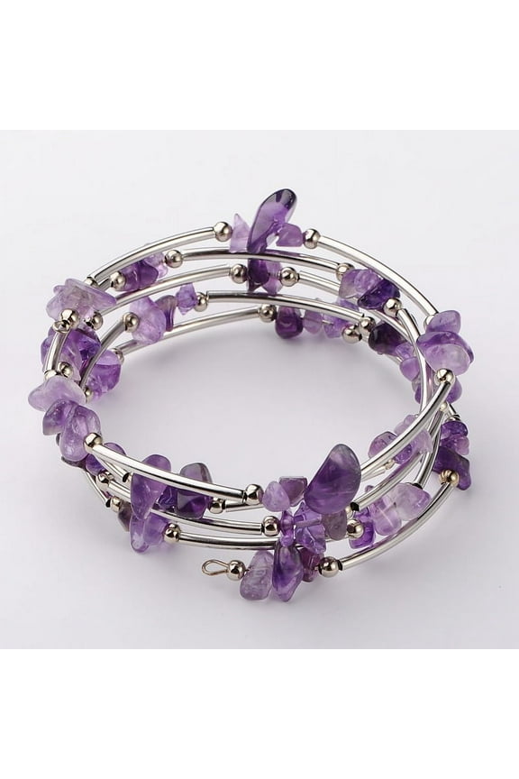 1pc Natural Amethyst Chip Warp Bracelets Steel Bracelet Memory Wire with Brass Tube Beads and Iron Round Beads Platinum Amethyst 53mm