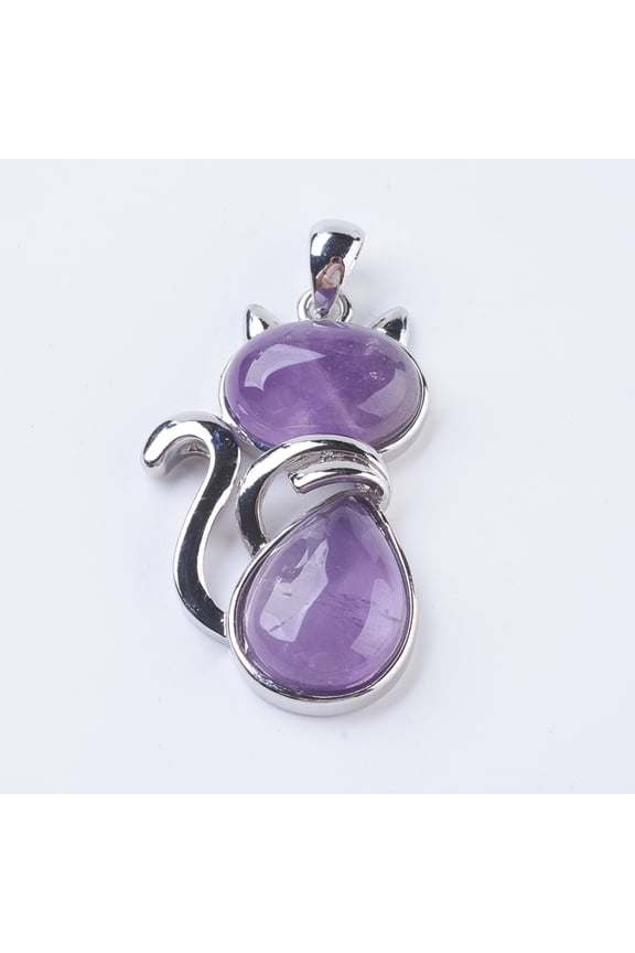 1pc Natural Amethyst Kitten Pendants with Brass Findings Cat Silhouette Shape Platinum 45x27x8mm Hole: 5x7mm
