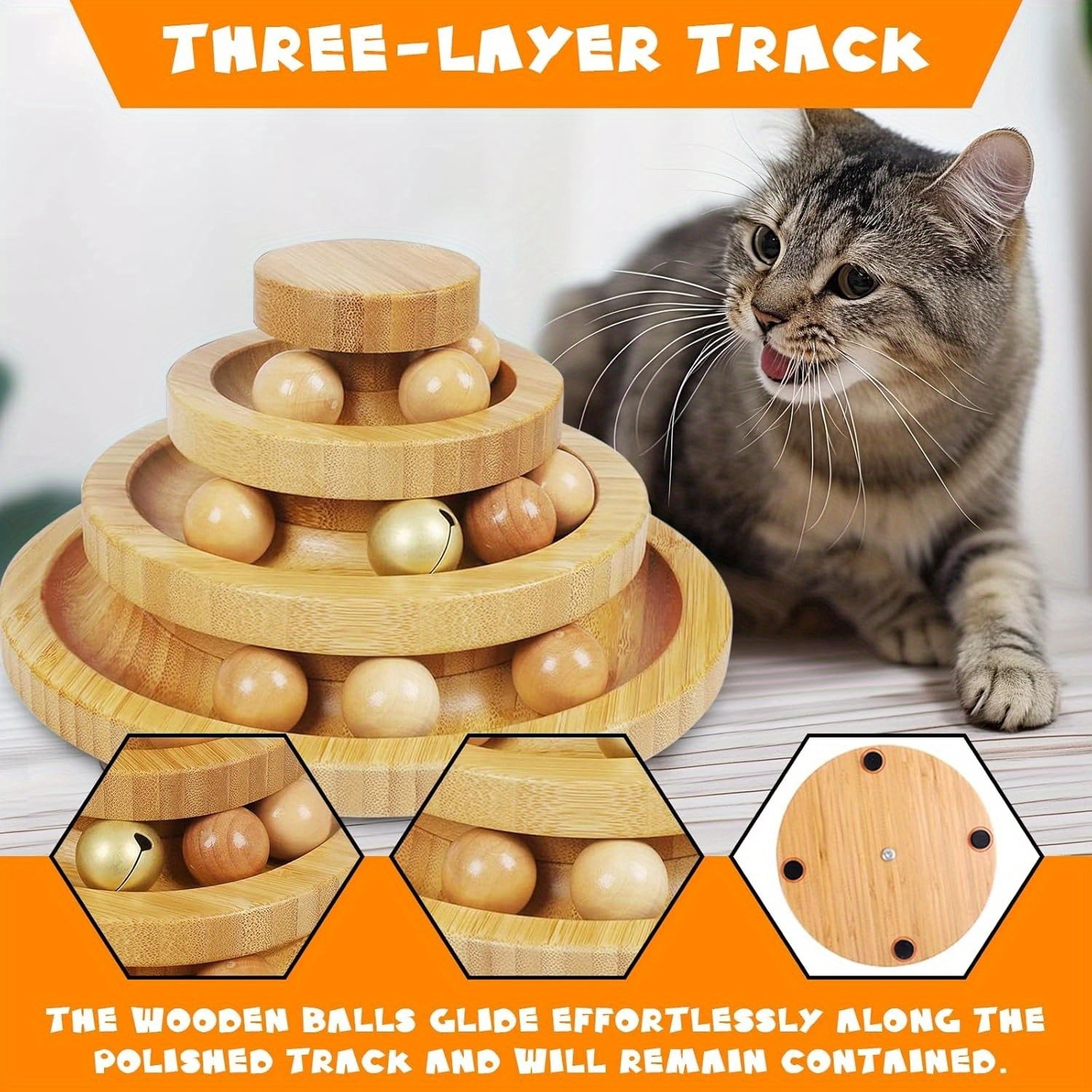 1pc Natural Bamboo Cat Ball Track Toy - 3 Layer Tower, 9 Detachable Balls, DIY Interactive Toy for Kitten's Exercise, Entertainment, and Festival Gifts