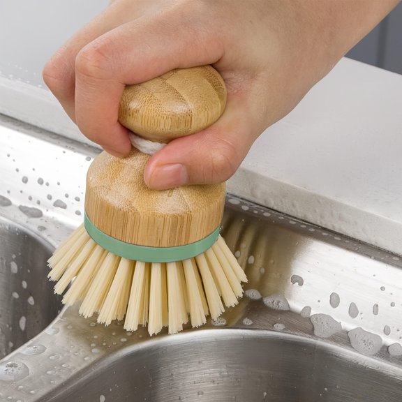1pc Natural Bamboo Scrub Brush - Heavy-Duty Scratch-Free Scouring & Deep Cleaning, Natural Fiber Dish & Pot Scrubber Suitable for Pans, Pots, Sinks - Kitchen Brush
