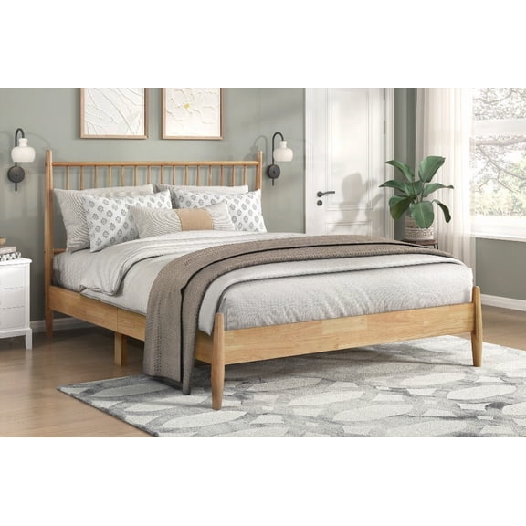 Natural Finish Mid-Century Modern 1pc Full Platform Bed for Bedroom, Wooden Furniture, Vertical Slat Headboard, Ships in One Box