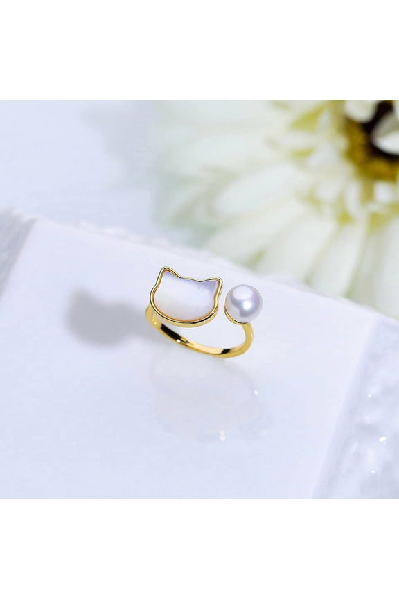 1pc Natural Freshwater Pearl with Natural Shell Cuff Rings Golden Cat Shape Inner Diameter: 15~19mm