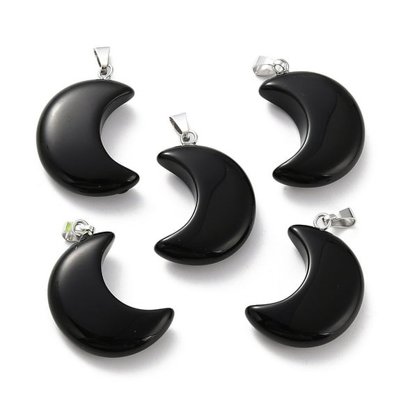 1pc Natural Obsidian Pendants with Platinum Brass Loops Moon 29x18~21x7~10mm Hole: 6x3mm