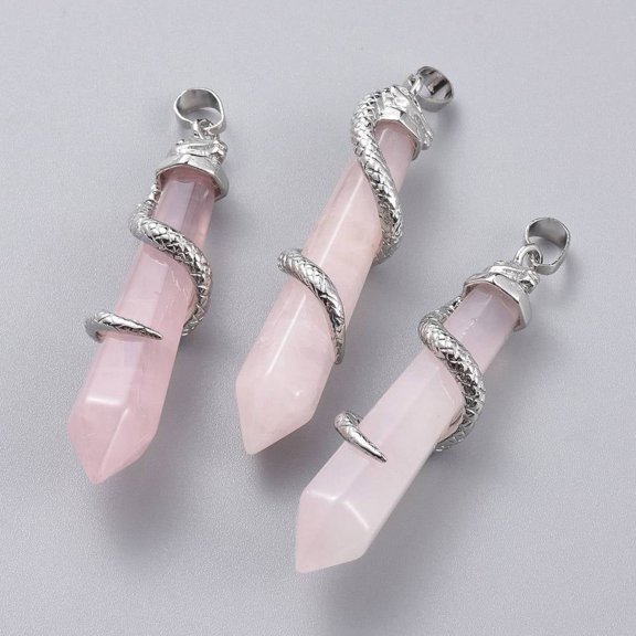 1pc Natural Rose Quartz Big Pointed Pendants with Platinum Plated Brass Bails Faceted with Snake 59~61.5x11~12x11~12mm Hole: 5x8mm