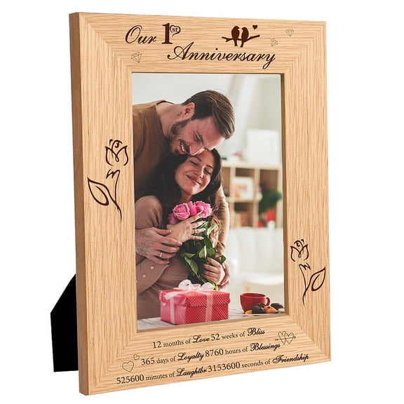 1pc Natural Wood Photo Frames for Tabletop Display Photo Frame Rectangle with Word Flower Pattern 152x102mm