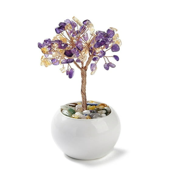 1pc Natural Yellow Quartz & Amethyst Chips Tree Decorations Ceramic Bowl Base Copper Wire Feng Shui Energy Stone Gift for Home Desktop Decoration 65~68x130~135mm