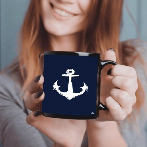 1pc Nautical Anchor Design Black Ceramic Mug with White Anchor Blue Nautical Theme 11oz Durable Coffee Cup Hot Cold Drinks Ideal Birthday Anniversary