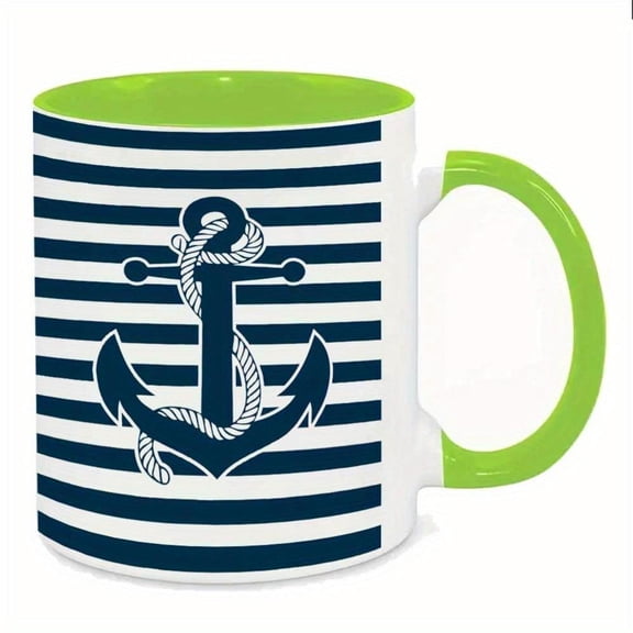1pc Nautical Anchor Mug 11oz Ceramic Coffee Cup with Blue White Striped Design Green Handle Juice or Coffee Hand Wash Only Reusable Maritime Enthusiasts Coffee Bar Accessories