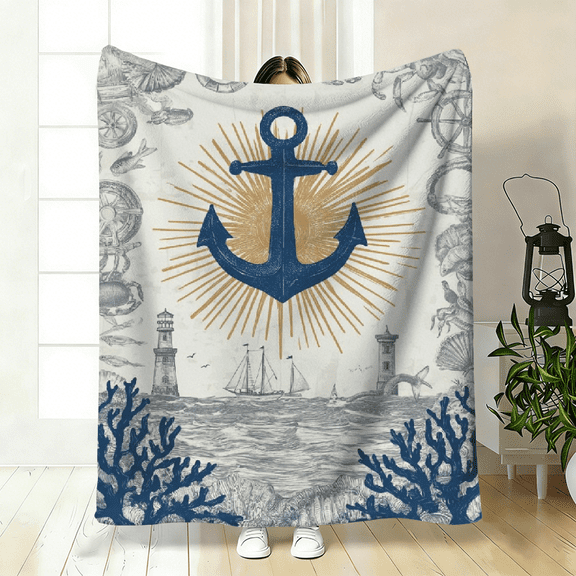 1pc Nautical Anchor Throw Blanket Flannel Blanket Suitable for Bed or Sofa, Soft and Warm, Ideal for Travel, Camping, Sofa, Livingroom, Couch, Chair, Bed, Gift for Family or Friends.