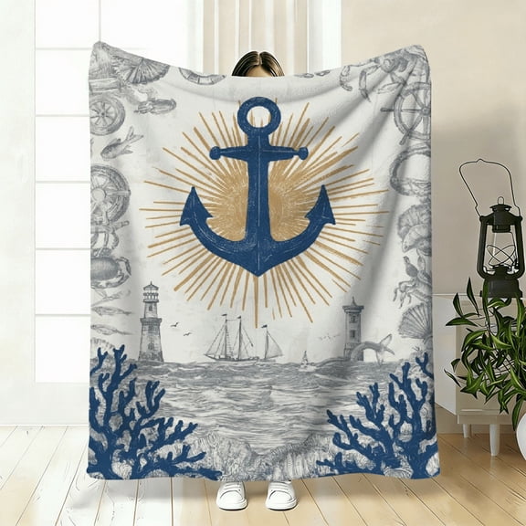 1pc Nautical Anchor pattern Throw Blanket - Maritime Bedspread Suitable for Bed or Sofa, Soft Flannel Bedding with Nautical Prints.