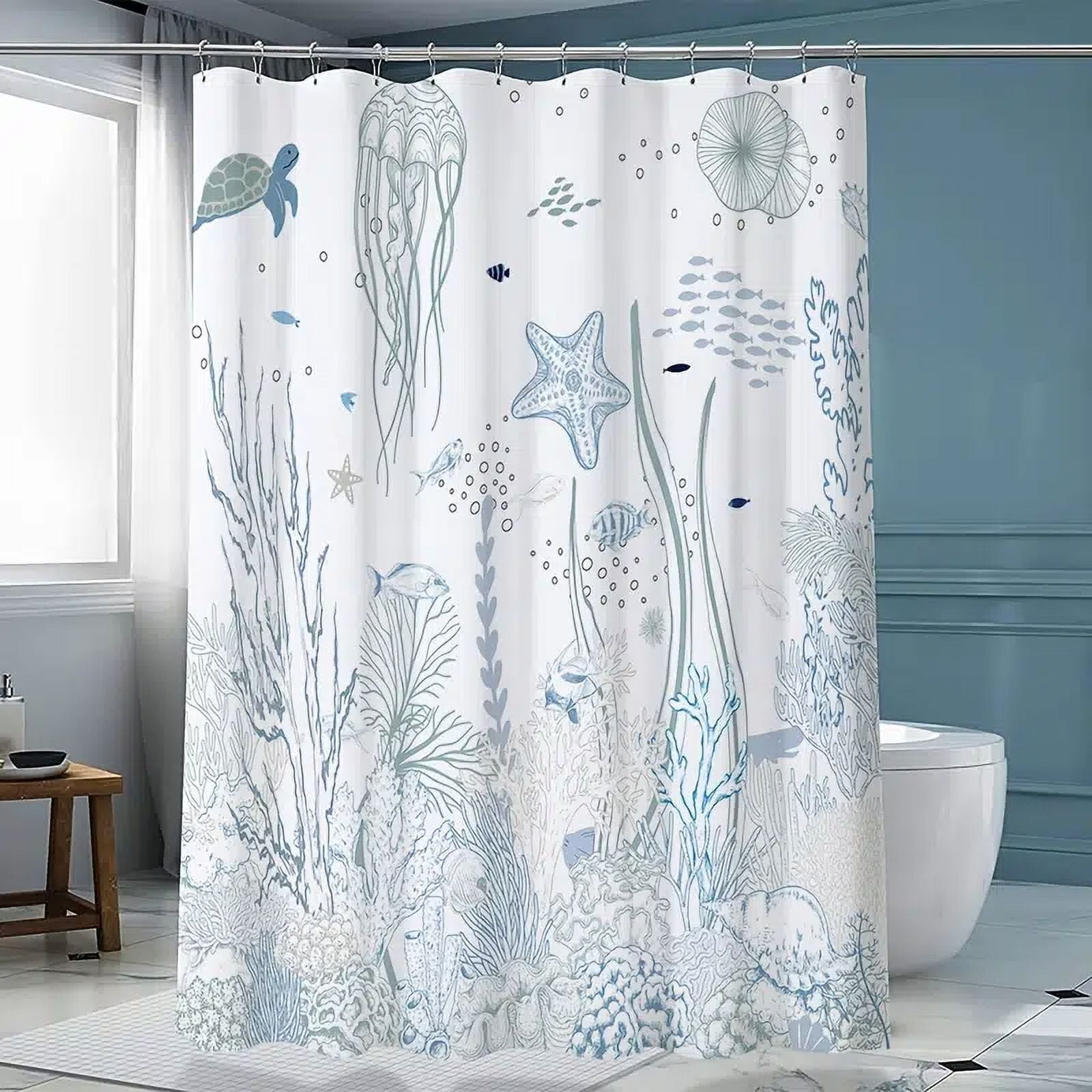 1pc Nautical Coastal Shower Curtain, Coral Seashell Beach Shower Curtain  With 12 Hooks, Ocean Themed Bathroom Curtain, Starfish Shower Curtains For Bathroom  Decor, 71'*71' Sea Blue 