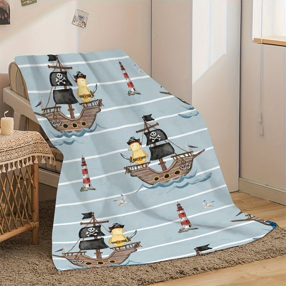 1pc Nautical Pirate & Skull Ship Design Flannel Blanket, 60x80 Inch - Soft Warm Polyester, Seamless Print for Sofas, Beds, Camping | All-Season Gift, Camping Blanket | Playful Design | Polyester Blan