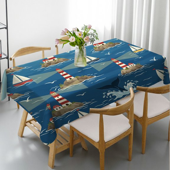 1pc Nautical Storybook Coastal Print Tablecloths for dining table, Kitchen Accessories Holiday-Themed Design, Nautical Storybook Coastal