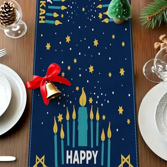 1pc Navy Blue Gold Star Menorah 2D Printed Table Runner, Jewish New Year Gathering Decor, Hostess Holiday Gift Thanksgiving Christmas