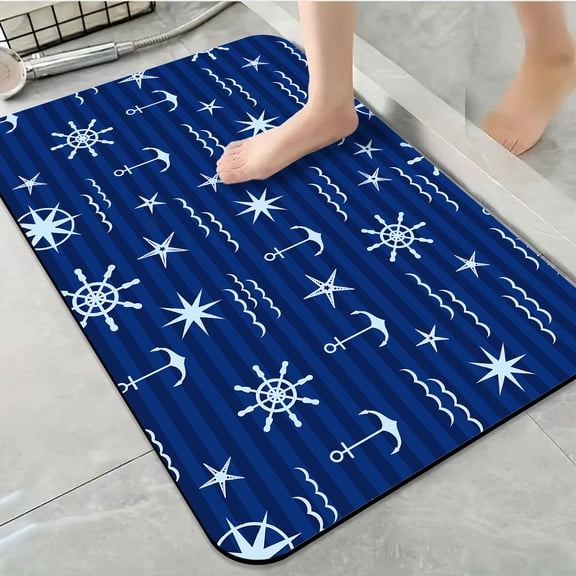 1pc Navy Blue Nautical Motif Bathroom Rug Bathroom Decor and Accessories- Durable,Anti Slip,And Quick Drying,Suitable For Indoor/outdoor Use - Perfect For Bathrooms,Bedrooms,Kitchens