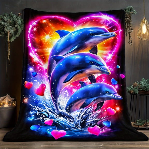 1pc Neon Glow & Dolphin & Heart Print Flannel Blanket - Soft Warm All-Season Bedspread, for Bed, Couch, Travel - Design with Dolphins & Hearts