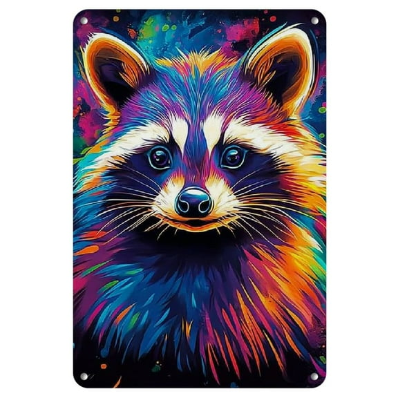 1pc Neon Raccoon Metal Wall Art, Waterproof Iron Painting, Vibrant HD Printed Poster, Retro Style Room Decor, High-Quality Indoor & Outdoor Sign, 20x30cm/8x12inch