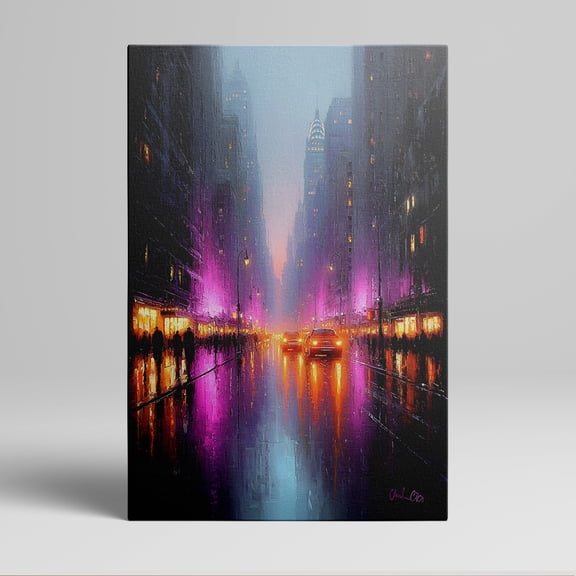 1pc Neon - lit Rainy City Street Canvas Wall Art, featuring a vibrant urban scene with reflective wet pavement, glowing streetlights, and the iconic Chrysler Building in the distance, framed Decor
