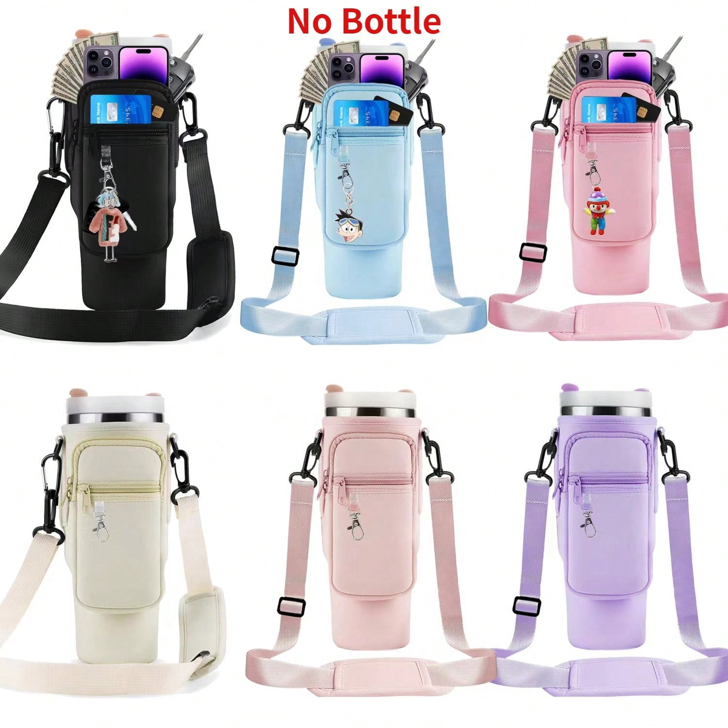 Quilted Water Bottle Holder With Strap - Crossbody Sling Bag With Phone Pocket For Hands-Free Carry