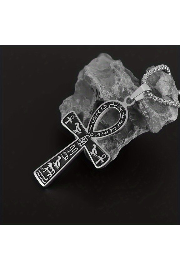 1pc New Fashion Men's Ancient Egyptian Cross Pendant Men's Stainless Steel Necklace Animal Totem Engraved Amulet Jewelry Gift,white