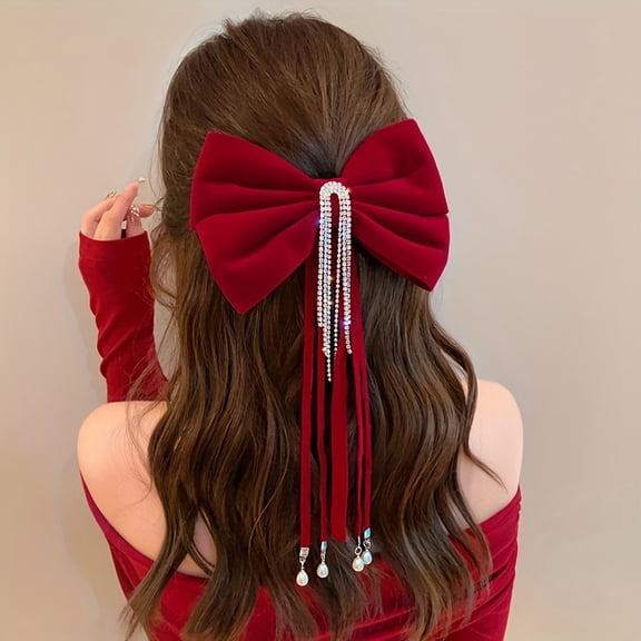 1pc New Gift Fashion Rhinestone Tassel Large Bow Headdress, Velvet Spring Clip Hair Additions Pearl Edge Hair Clip Hair Additions, Double Layer Bow Ribbon Headdress Ladies Gift