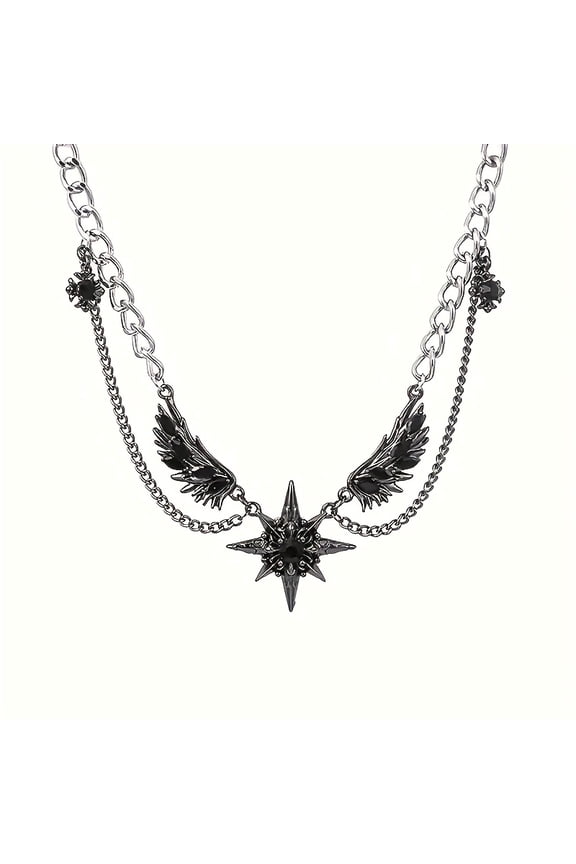 1pc New Star Winged Rhinestone Inlaid Titanium Steel Silveryy Necklace Hip Hop Street Collar Chain