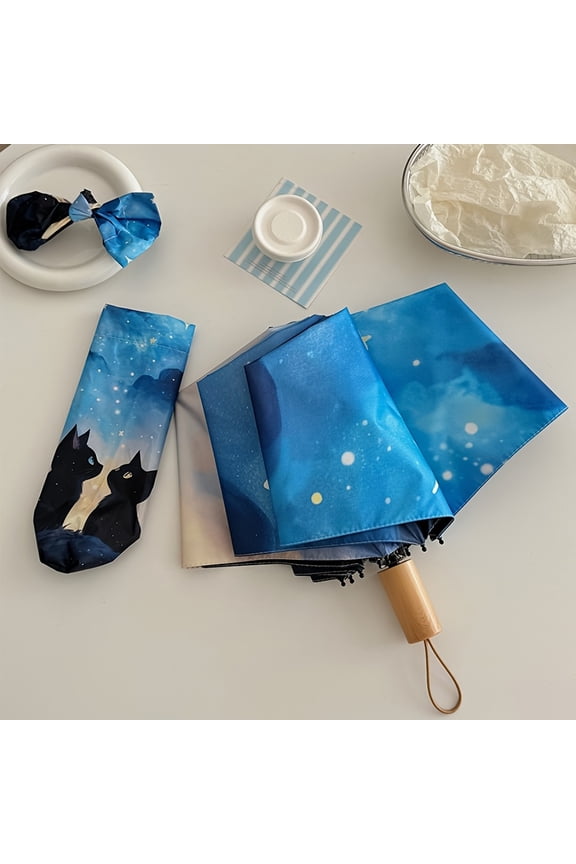 1pc New Van Gogh Style Black Cat Pattern Umbrella High-Value Vinyl Sun Protection Shade Fashion Travel Umbrella