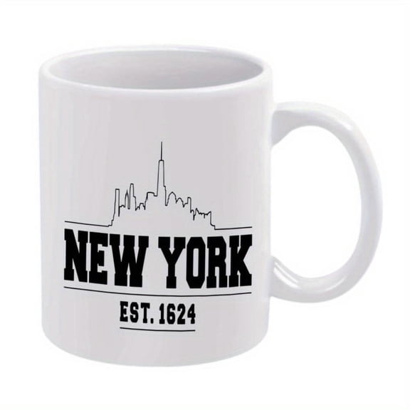 1pc New York City Skyline Mug with NYC Skyline Line Art Established 1624 11oz Coffee Cup Home Office or Travel NYC Themed Birthday Housewarming or Christmas White Exterior with Bla