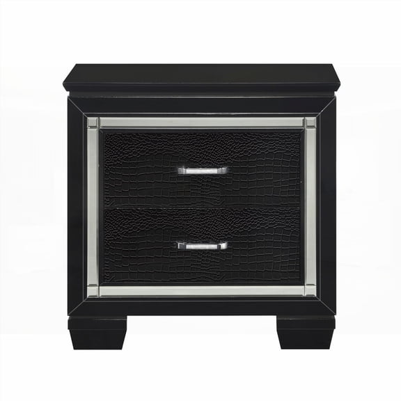 1pc Nightstand in Black Finish Having 2 Dovetail Drawers & Faux Alligator Embroidered Fronts