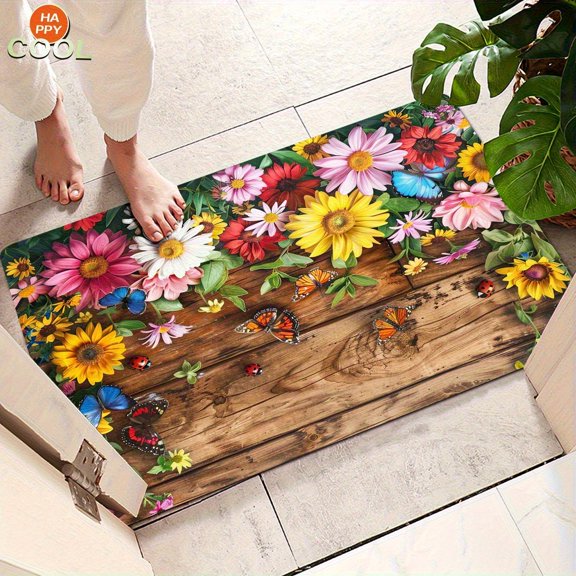 1pc Non-Slip Floral and  Flannel Floor Mat- Bright and Colorful Design, Durable Indoor/Outdoor Kitchen Bathroom Bedroom Corridor Decoration, Comfortable Foot Mat