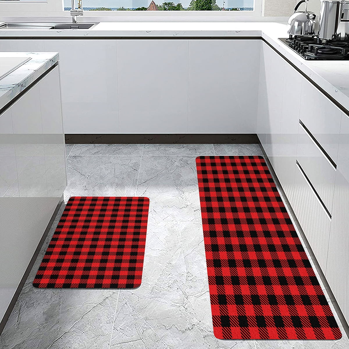 1pc Non-Slip Red Checkered Floor Mat for Kitchen and Living Room - Soft ...