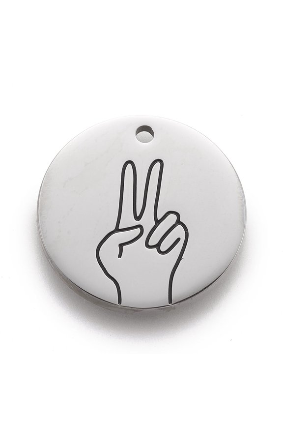 1pc Non-Tarnish 316 Surgical Stainless Steel Pendants ASL Pendants Flat Round with Gesture Language Stainless Steel color Victory 25x2mm Hole: 2mm
