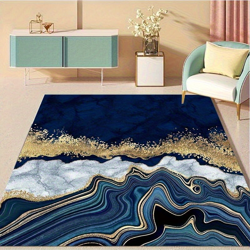 1pc Nordic Style Marble & Golden Art Area Mat - Non-Slip Machine Washable Polyester Fiber Floor Mat with Rubber Backing, Navy Blue & Golden Accents for Living Room, Bedroom, Kitchen - Holiday Decor f