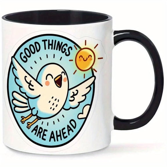 1pc Novelty Good Things Ahead Bird Mug Cheerful White Coffee Cup with Smiling Design 11oz 360ml Hand Wash Only Reusable Coffee Tea Juice Fun Home Offi