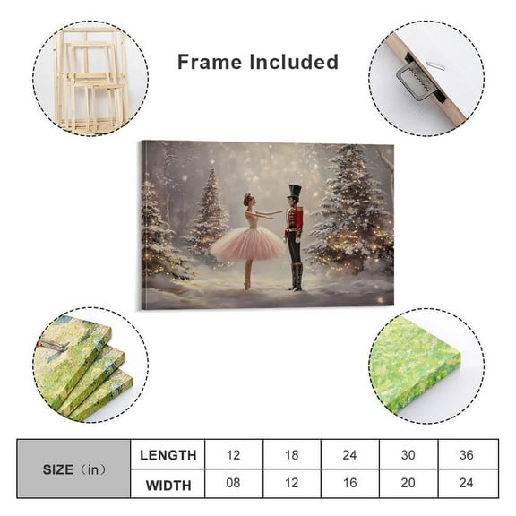 1pc Nutcracker and Ballerina in a Snow - lit Christmas Forest Framed Decor room hanging Wall Picture Decor for Home Gifts, living room, bathroom, bedroom, kitchen wall art decor canvas wall art