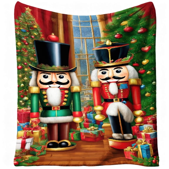 1pc Nutcracker Soldier Design Flannel Blanket - Soft Warm 280gsm All-Season Cozy Throw for Bed, Sofa & Living Room - Red & Golden Christmas &